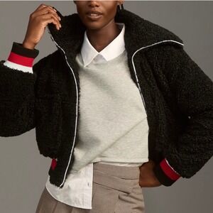Maeve Anthropologie Sherpa Letterman Bomber Jacket Black Red White Stripe Small